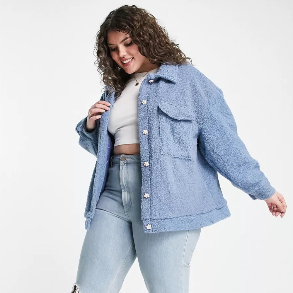 Heartbreak Plus oversized borg jacket with flower buttons in blue